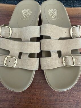 Vince Camuto Beige Suede Double-Strap Buckle Slides